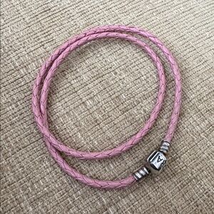 Pandora Pink Double Wrap Leather/Sterling Silver Barrel Clasp Charm Bracelet 16”